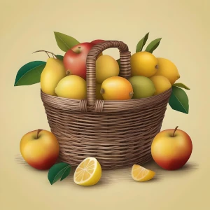 basket with apples, mangos and lemons