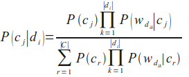 The classification formula: the probability of a class given a document